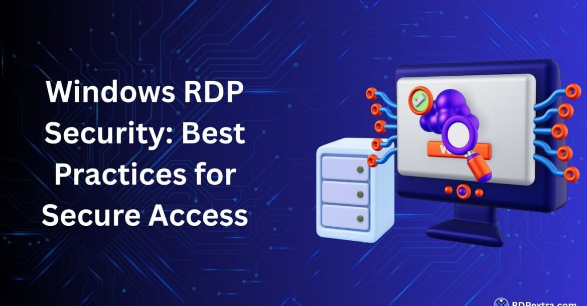Windows RDP Security best practices illustration featuring secure remote access, server protection, and cybersecurity monitoring.
