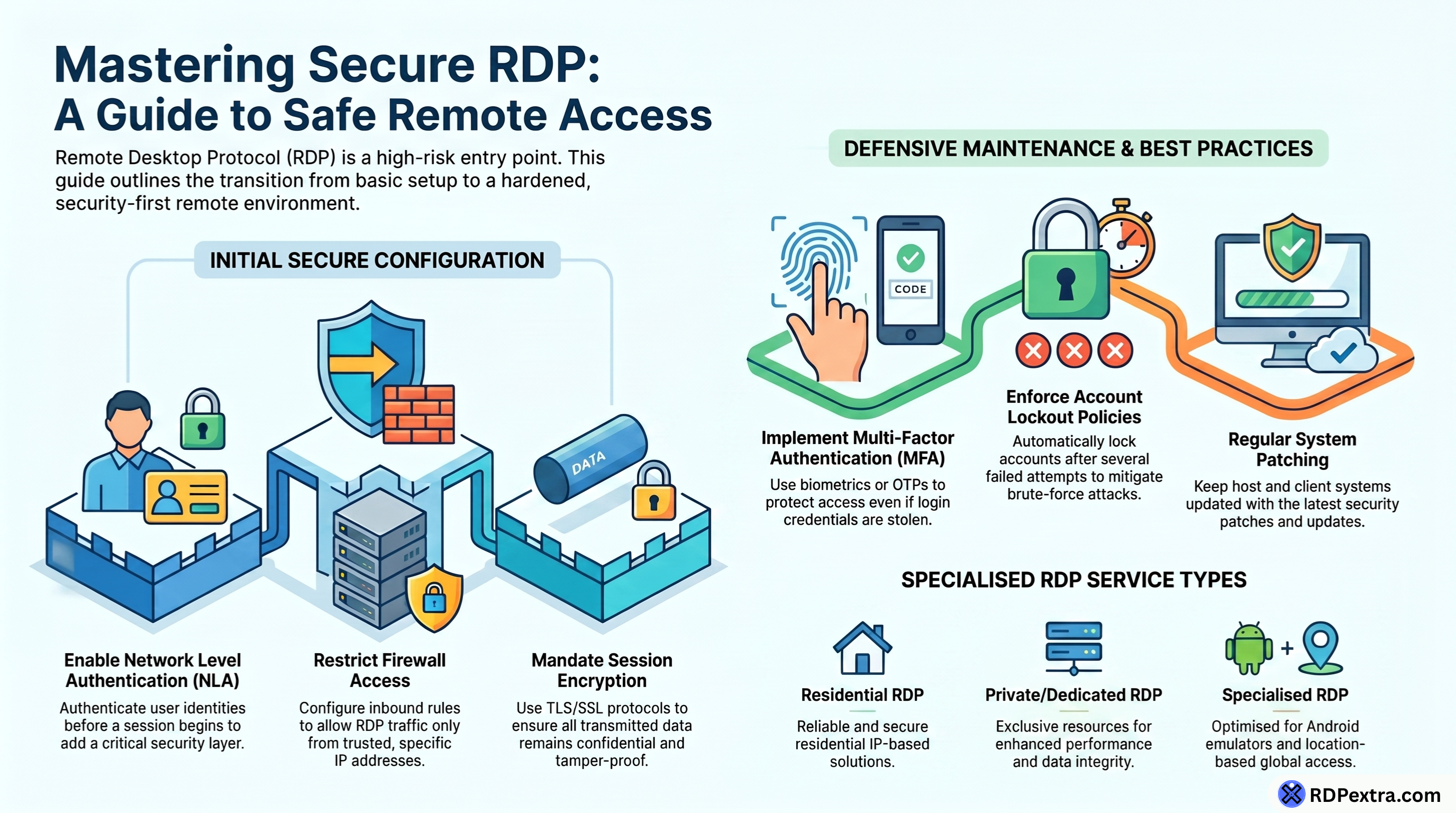 Mastering Secure RDP infographic showing Network Level Authentication, firewall restrictions, session encryption, MFA, account lockout policies, and system patching.