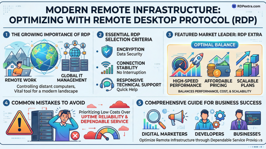 Modern remote infrastructure infographic showing RDP benefits, selection criteria, and common mistakes in remote desktop solutions