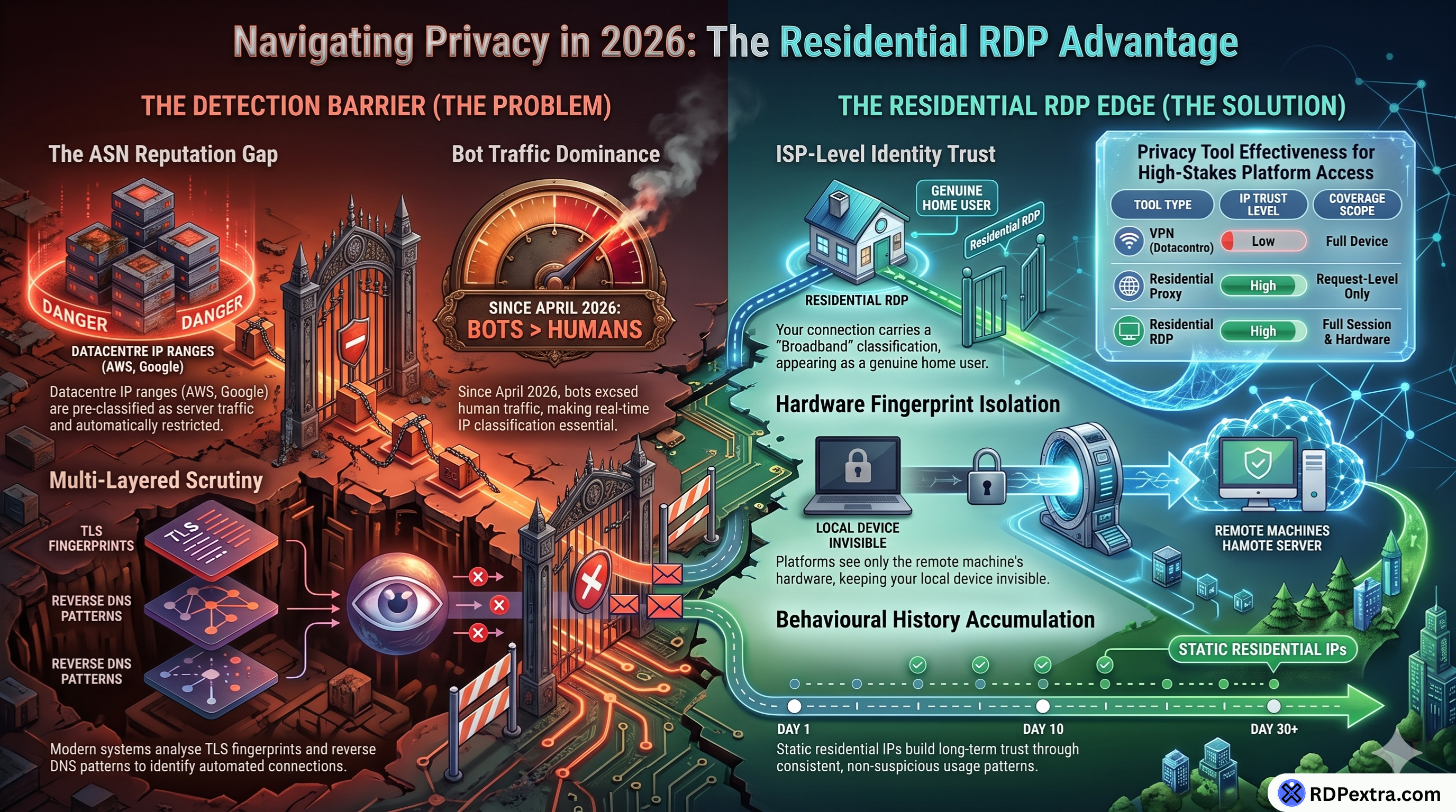 Infographic showing how Residential RDP improves privacy, anonymity, and platform trust by using residential IPs instead of datacenter IPs in 2026.