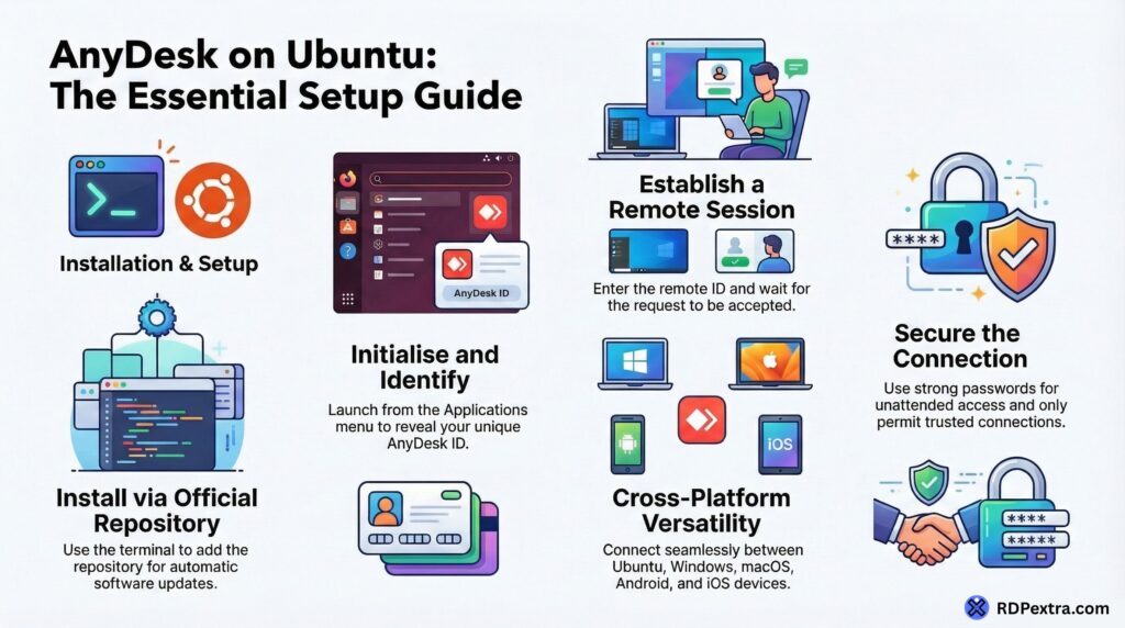 AnyDesk on Ubuntu installation guide showing setup steps, remote connection, cross platform support, and security tips