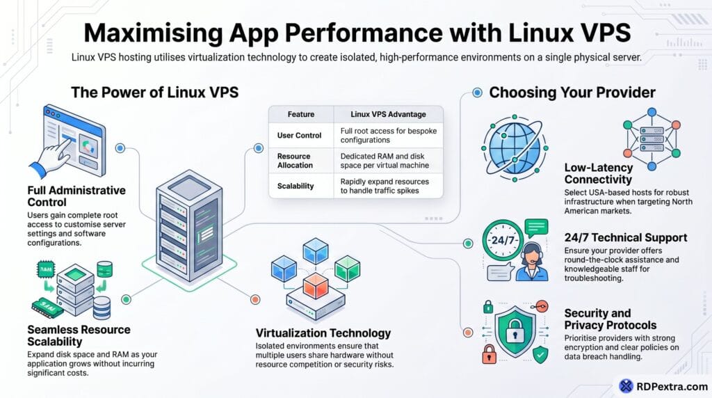 Maximising app performance with Linux VPS showing scalability, virtualization, low latency, and security features