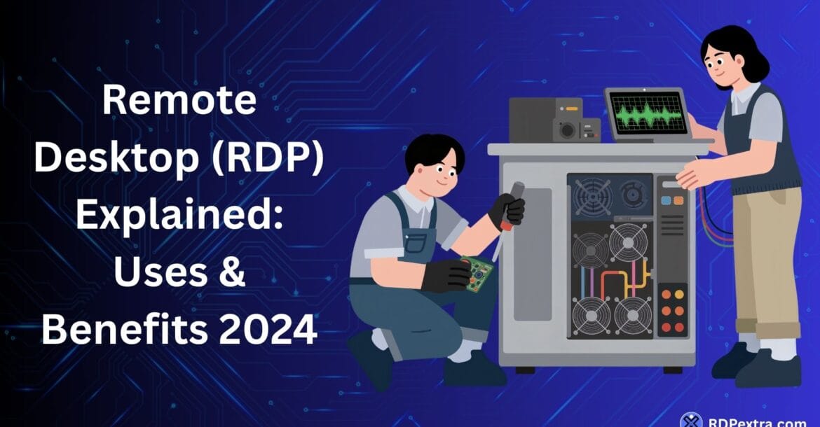 Remote Desktop RDP explained illustration showing technicians working on a server with uses and benefits