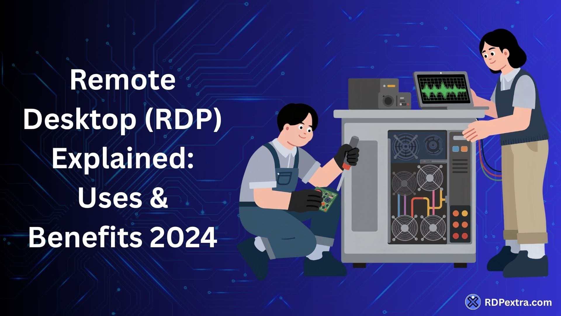 Remote Desktop RDP explained illustration showing technicians working on a server with uses and benefits