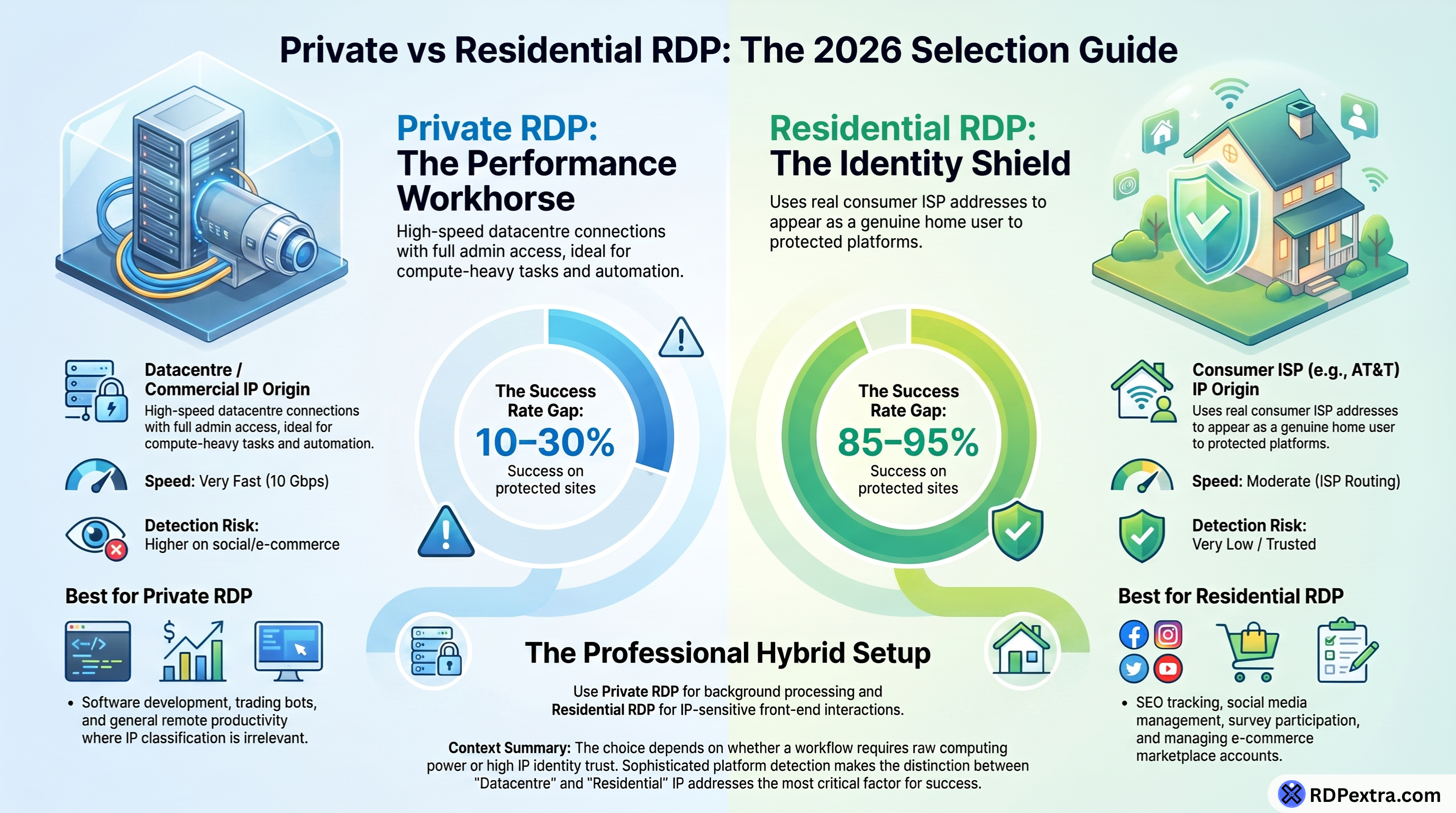 Comparison of Private RDP vs Residential RDP showing performance, detection risk, ISP routing, and the best use cases for each remote desktop solution.