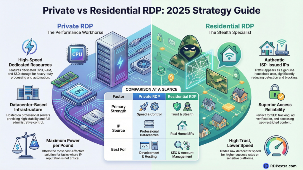 Private RDP vs Residential RDP comparison infographic showing performance, IP source, speed, trust level, and best use cases in 2025