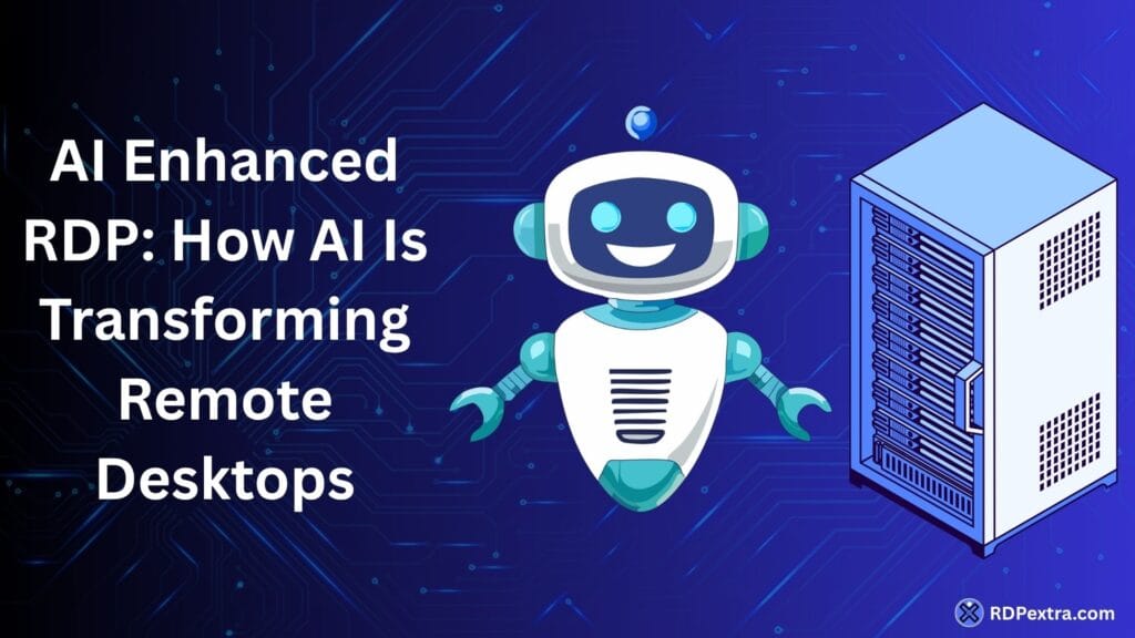 Featured image for an AI Enhanced RDP article showing a robot, server infrastructure, and the title "AI Enhanced RDP: How AI Is Transforming Remote Desktops."