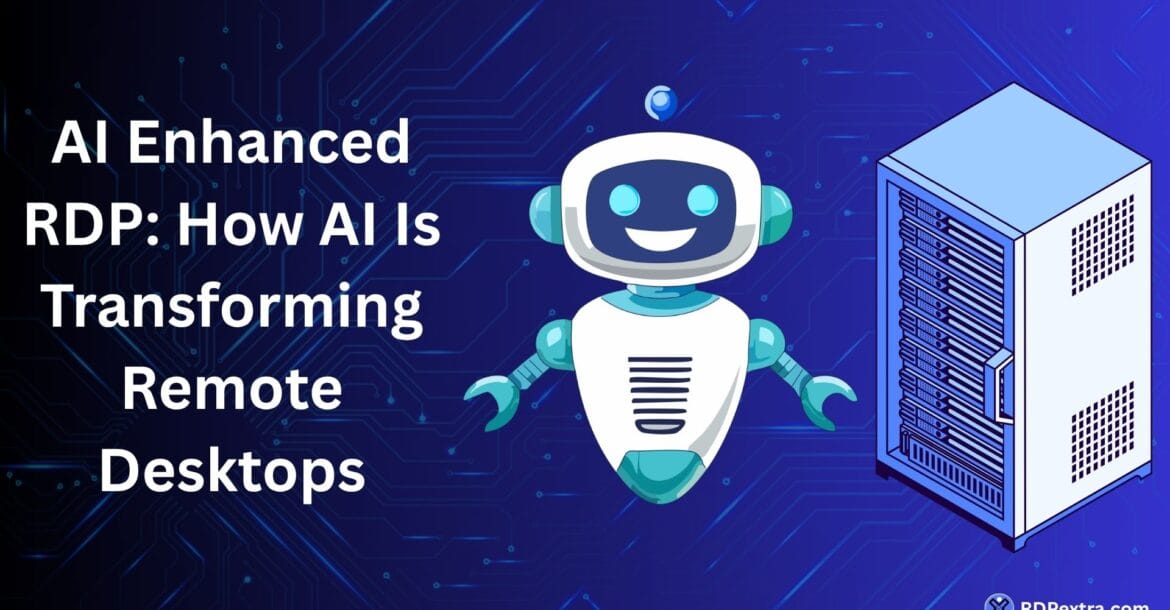 Featured image for an AI Enhanced RDP article showing a robot, server infrastructure, and the title "AI Enhanced RDP: How AI Is Transforming Remote Desktops."