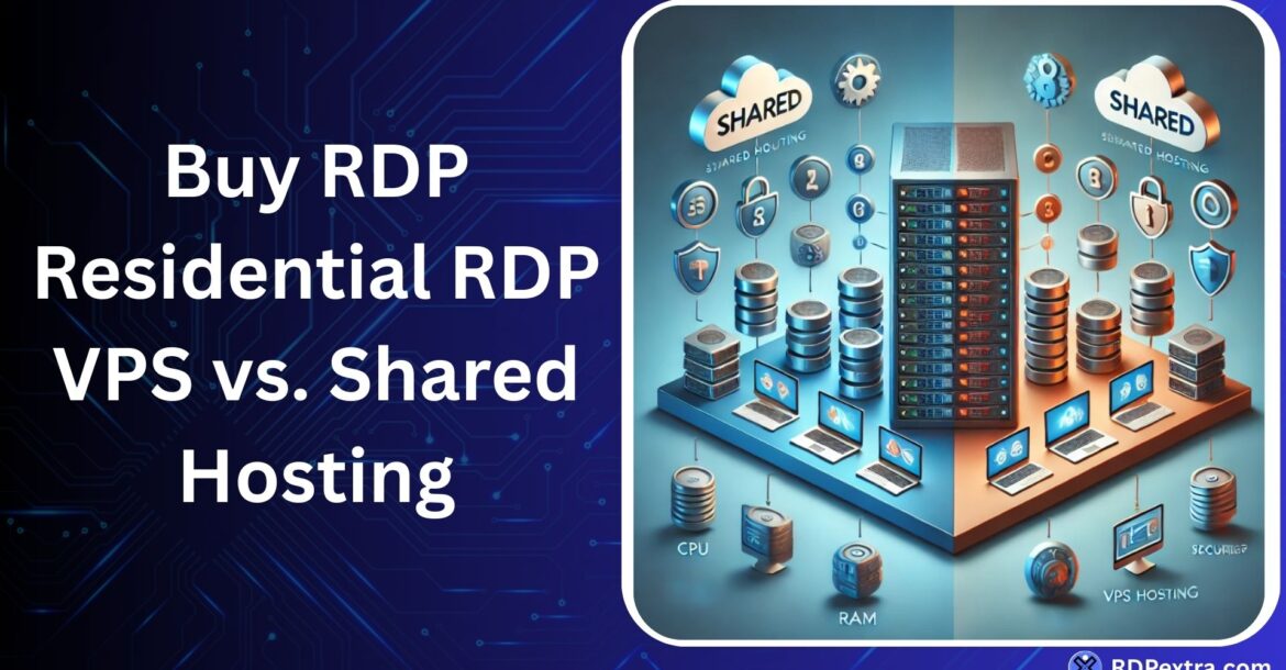 Illustration comparing VPS hosting and shared hosting for residential RDP, showing server infrastructure, CPU, RAM, storage, and security elements.
