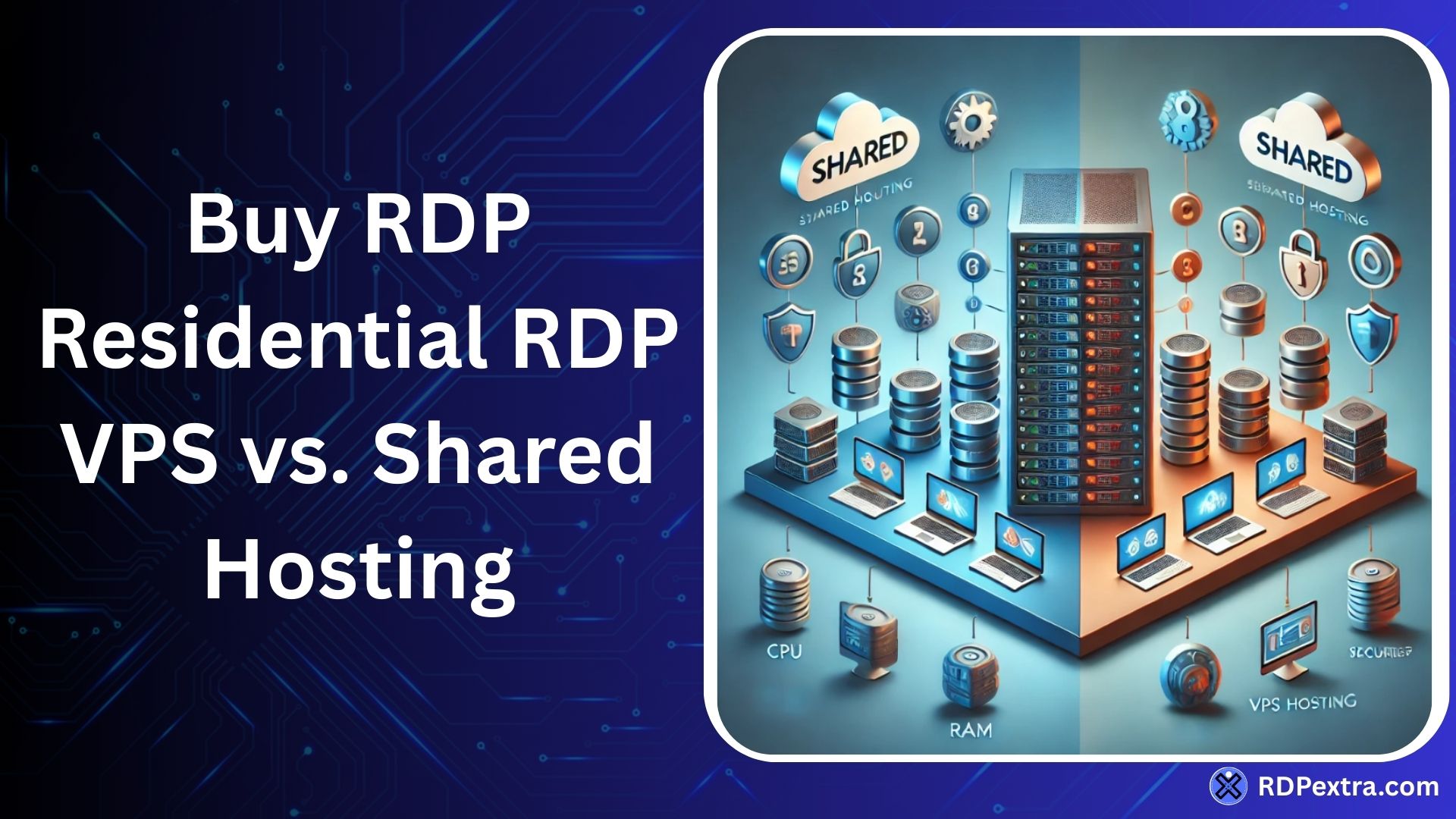 Illustration comparing VPS hosting and shared hosting for residential RDP, showing server infrastructure, CPU, RAM, storage, and security elements.