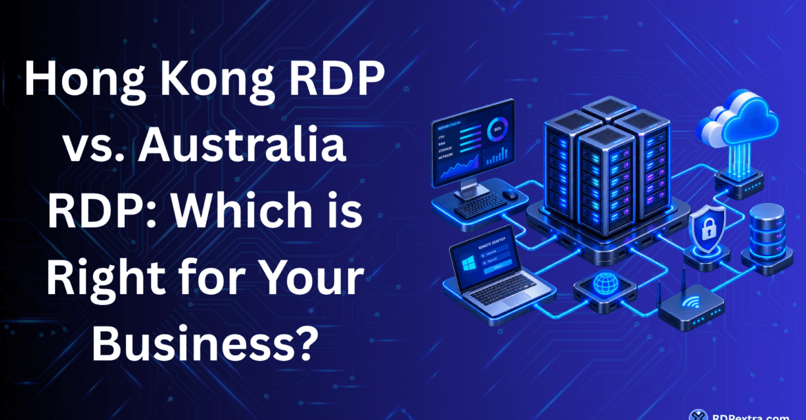 Hong Kong RDP vs Australia RDP comparison graphic showing a secure remote desktop and server infrastructure with cloud, networking, and security icons.