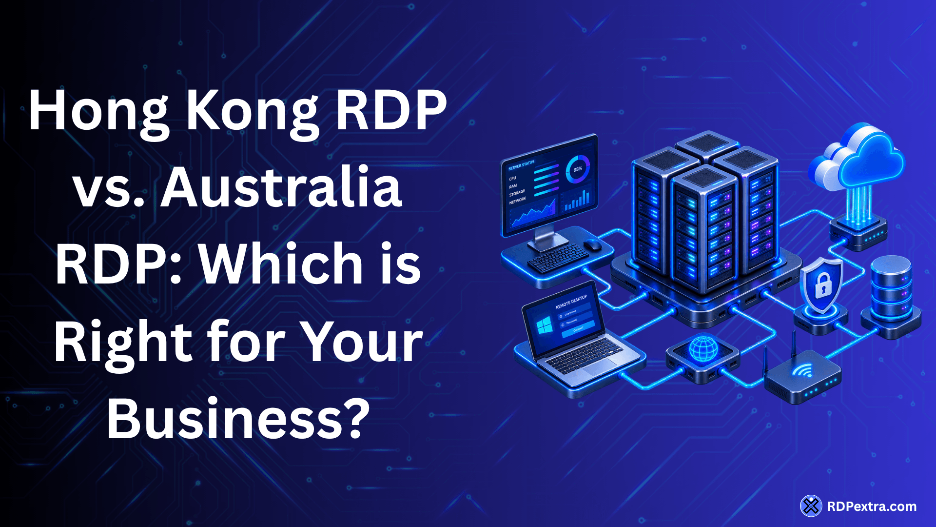 Hong Kong RDP vs Australia RDP comparison graphic showing a secure remote desktop and server infrastructure with cloud, networking, and security icons.