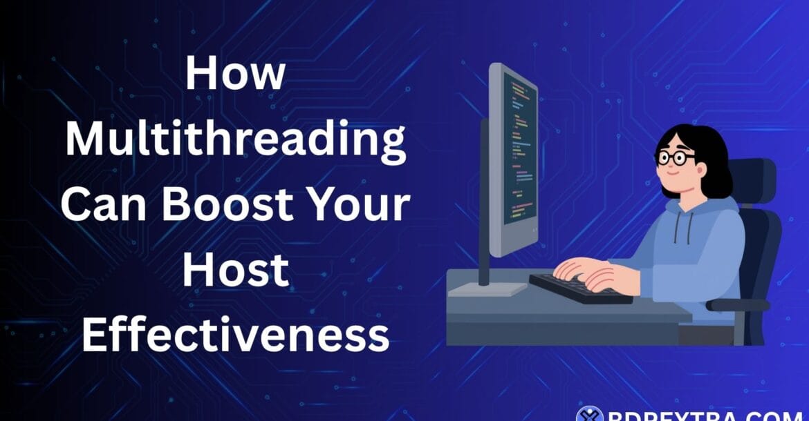 Illustration showing how multithreading improves host effectiveness with a programmer working on a computer and a technology background.