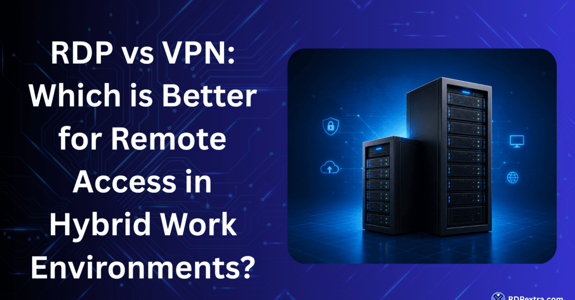 RDP vs VPN comparison for remote access in hybrid work environments, with server infrastructure and security icons.