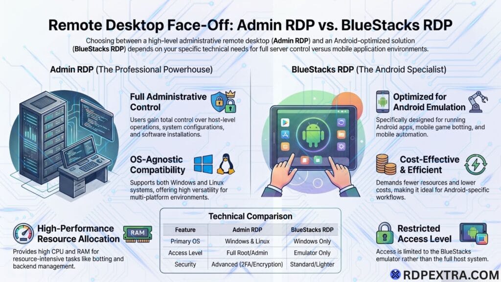 Comparison infographic of Admin RDP vs BlueStacks RDP showing features like full control, Android optimization, performance, and cost efficiency.