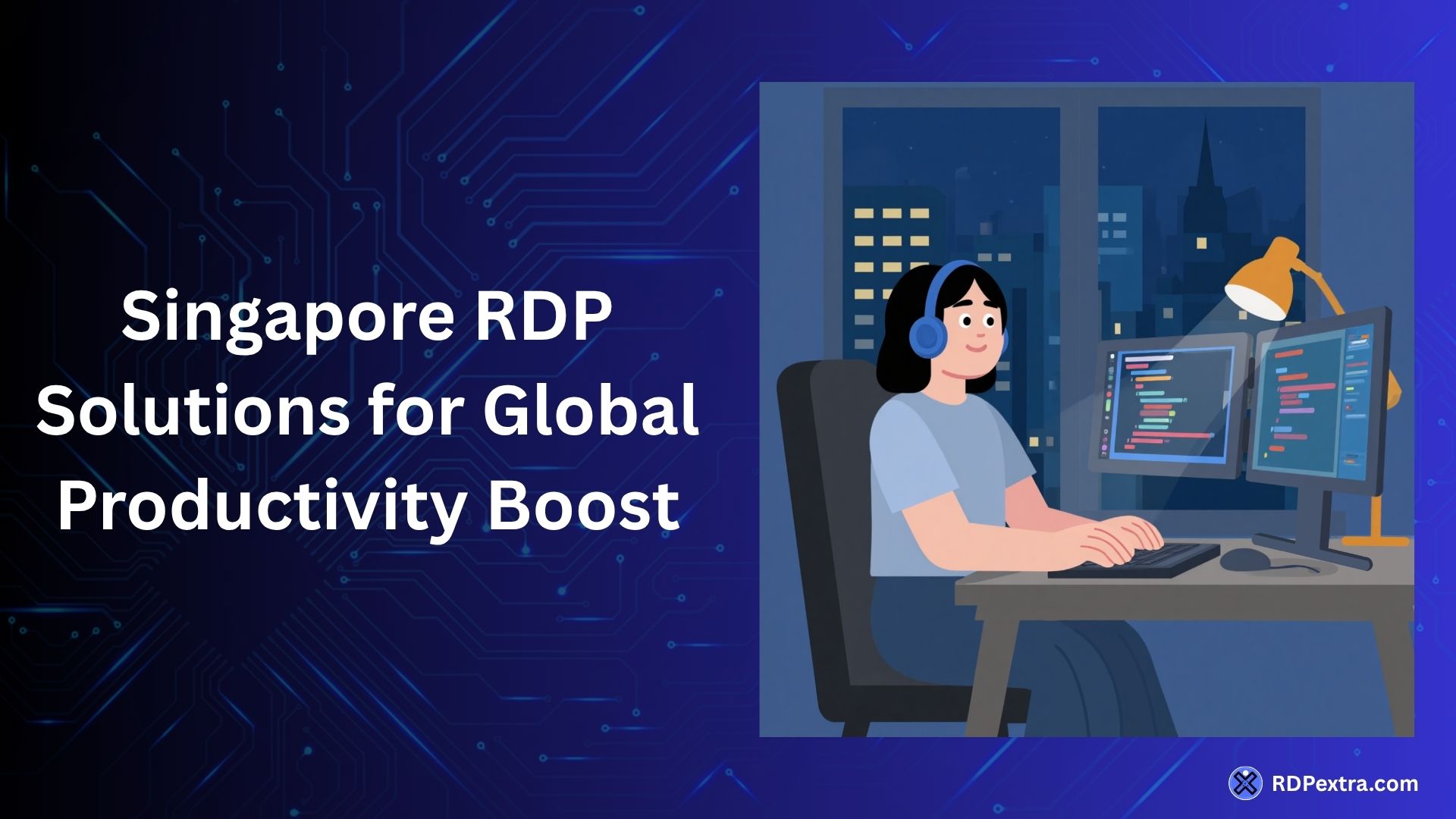 Singapore RDP remote desktop setup showing a professional working on dual monitors for global productivity