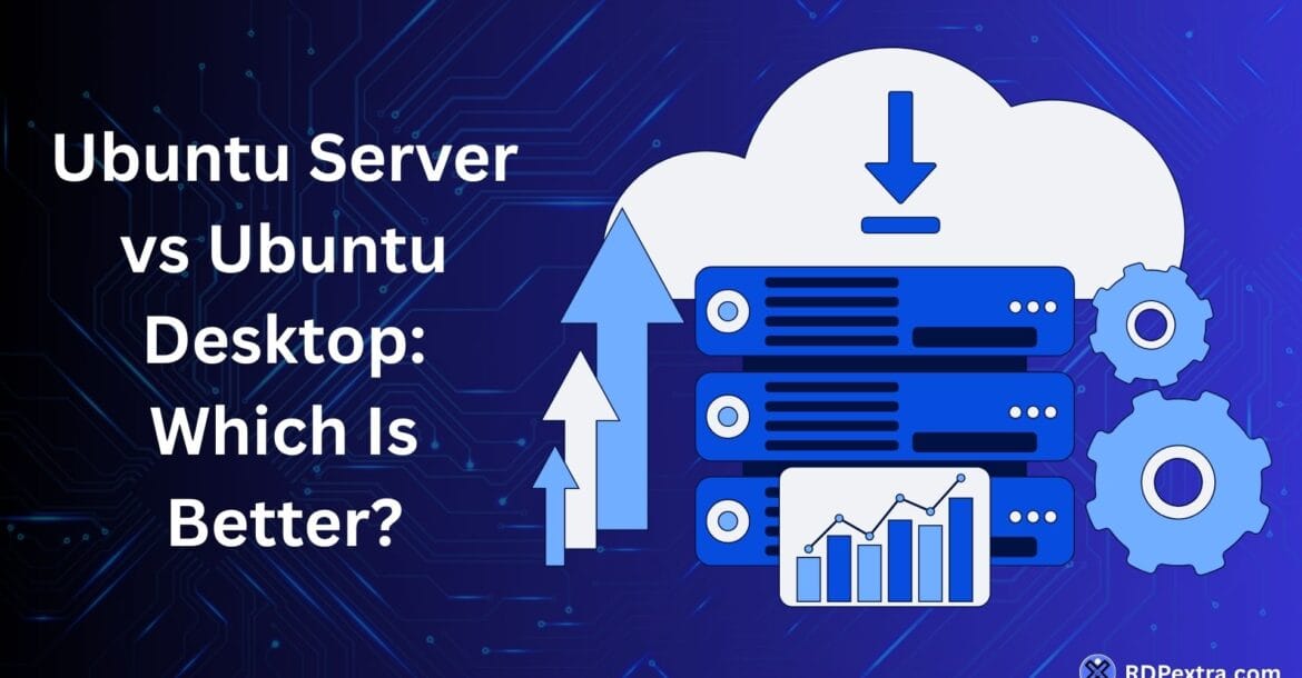 Ubuntu Server vs Ubuntu Desktop illustration showing server infrastructure, cloud hosting, and performance comparison.