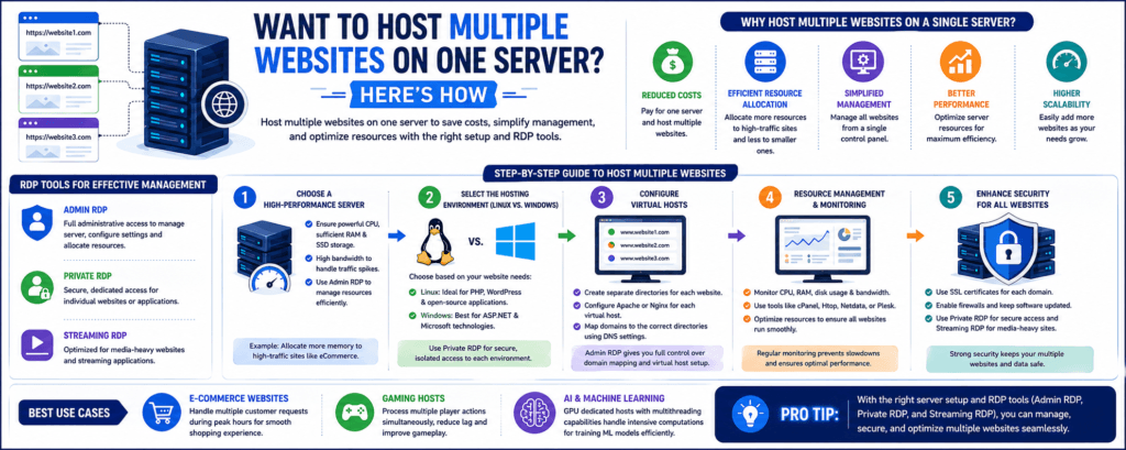 Infographic explaining how to host multiple websites on one server using RDP tools, virtual hosts, resource management, and security practices.