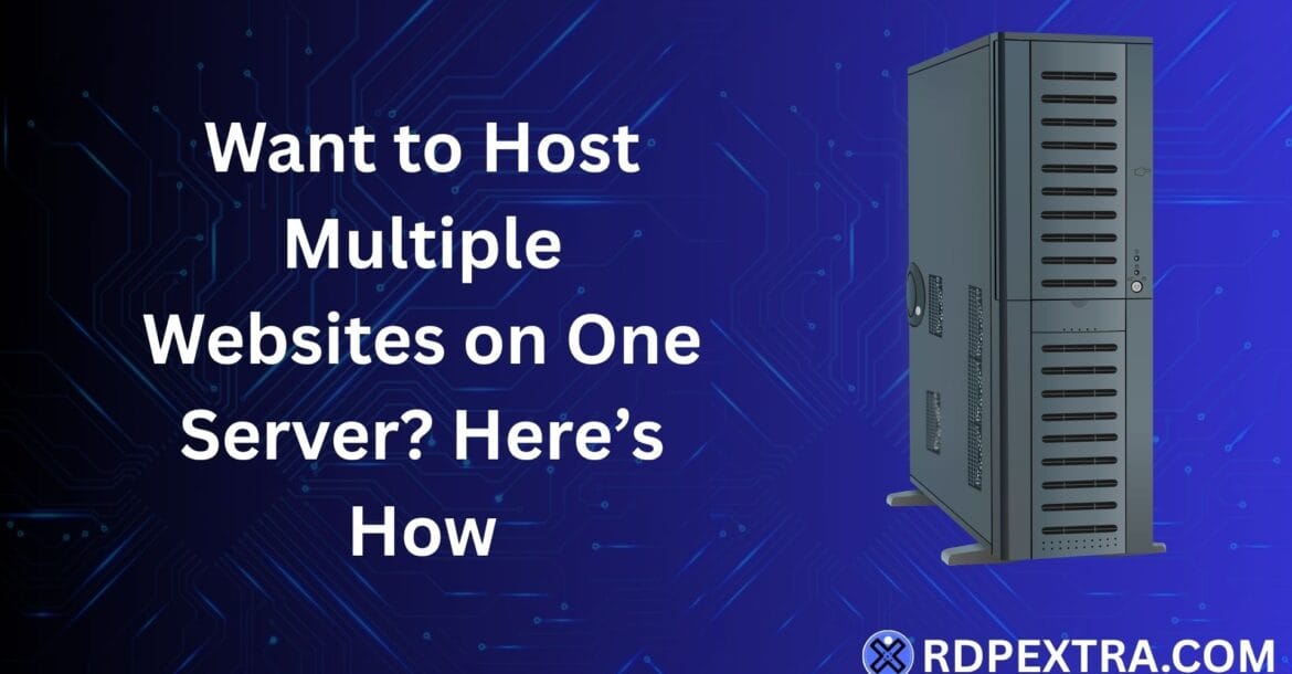 Illustration of hosting multiple websites on one server with a server graphic and technology background.