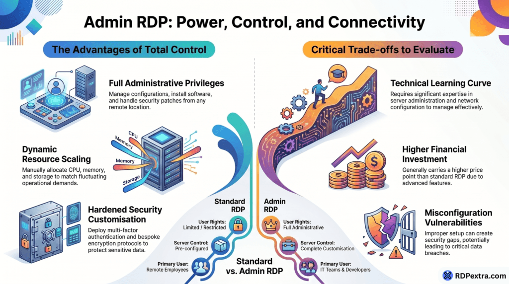 Admin RDP infographic showing benefits like full control, resource scaling, security features, and drawbacks including cost and complexity