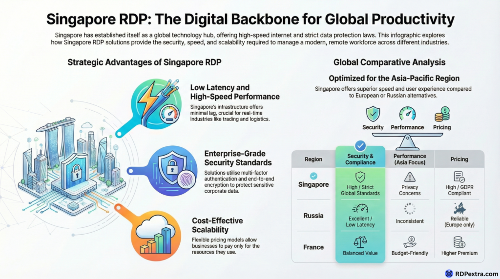Singapore RDP infographic showing low latency, high-speed performance, security standards, and cost-effective scalability comparison