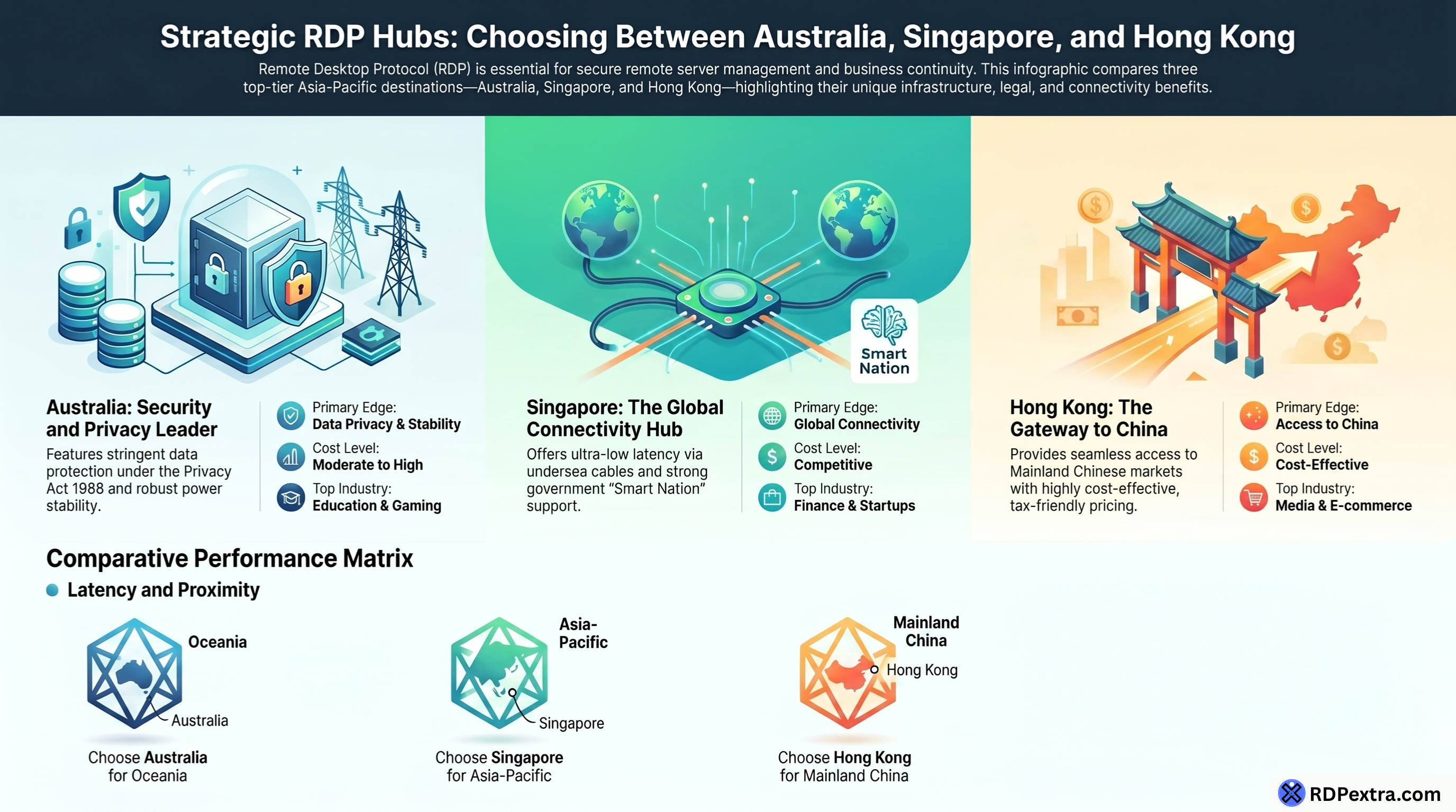 Strategic RDP hubs comparison showing Australia, Singapore, and Hong Kong RDP benefits, connectivity, security, latency, and business use cases.