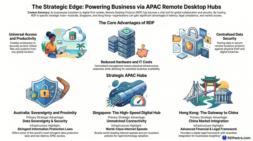 Australia, Singapore, and Hong Kong RDP infographic showing business benefits, security, connectivity, compliance, and APAC remote desktop advantages.