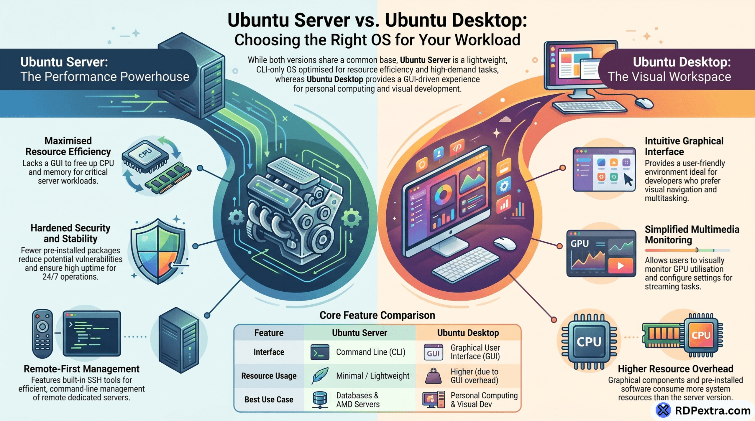 Ubuntu Server vs Ubuntu Desktop infographic comparing performance, security, resource efficiency, GUI usage, and dedicated server workloads.