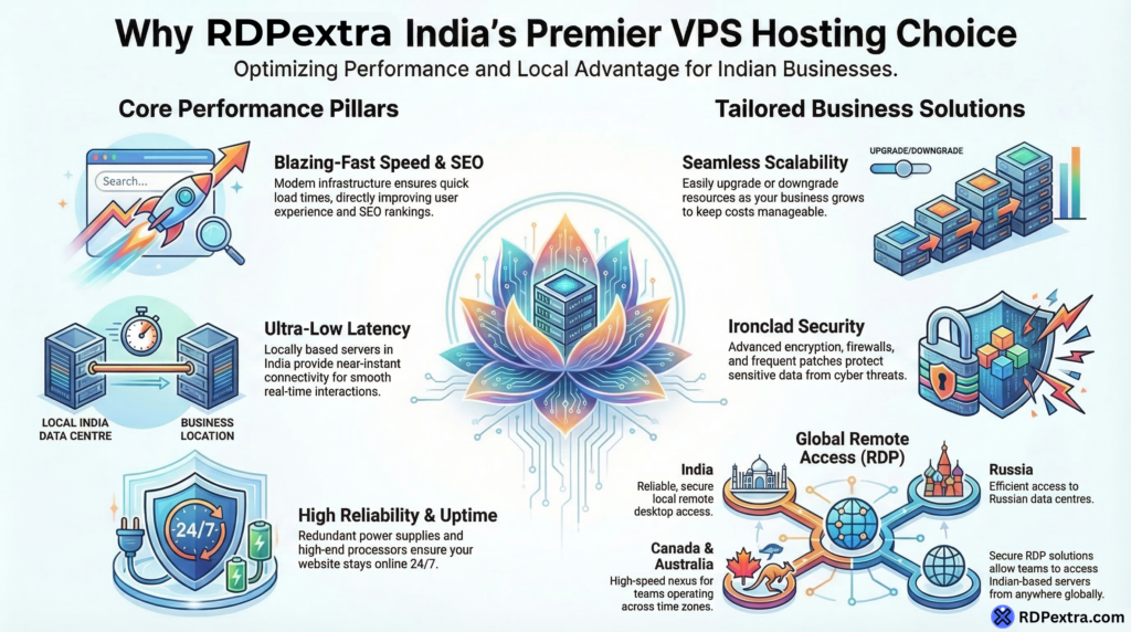 RDPEextra India premier VPS hosting choice infographic showing speed, low latency servers, scalability and security features