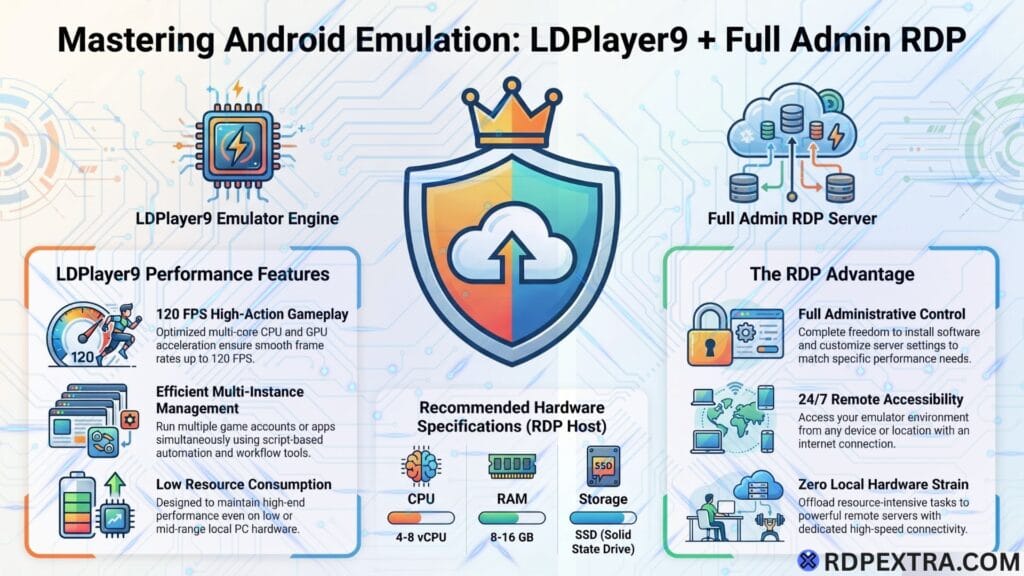 Infographic showing LDPlayer9 Android emulator with full admin RDP server setup, highlighting performance features, remote access benefits, and recommended hardware specs.