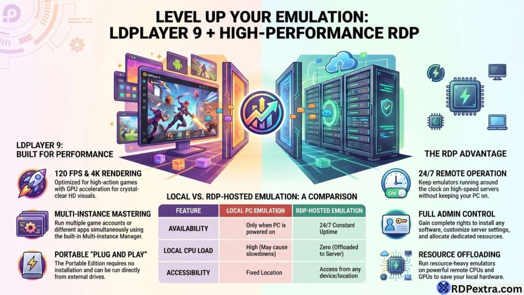 Infographic comparing LDPlayer 9 local Android emulation with high-performance RDP hosting, highlighting features like 120 FPS gaming, multi-instance support, and 24/7 remote server operation.
