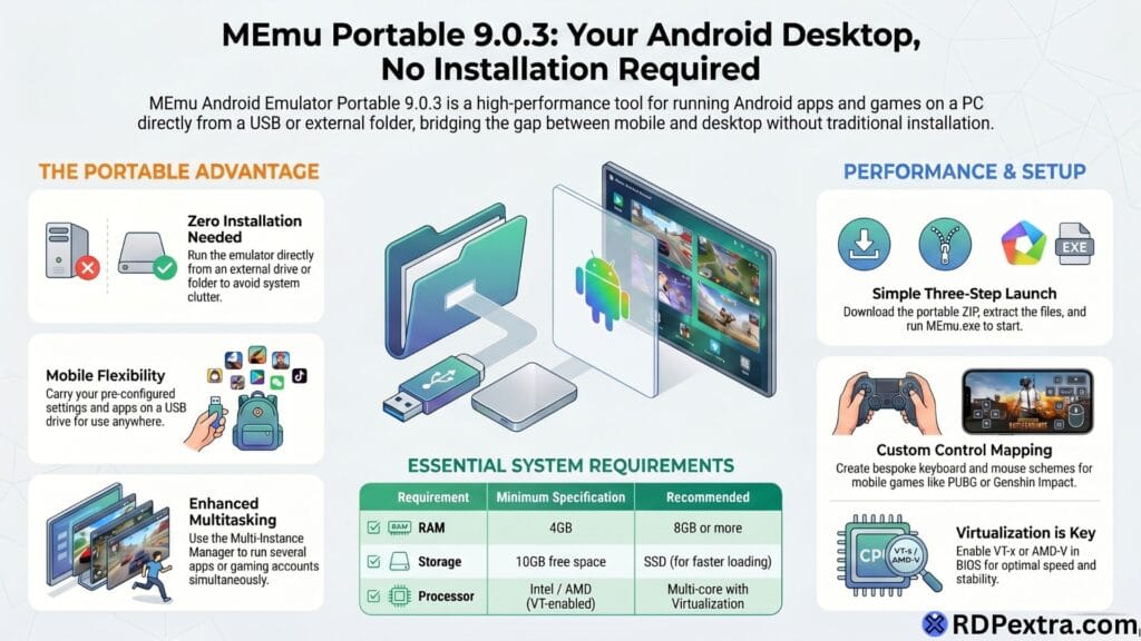 MEmu Portable 9.0.3 Android emulator infographic showing no installation setup, system requirements, and performance features