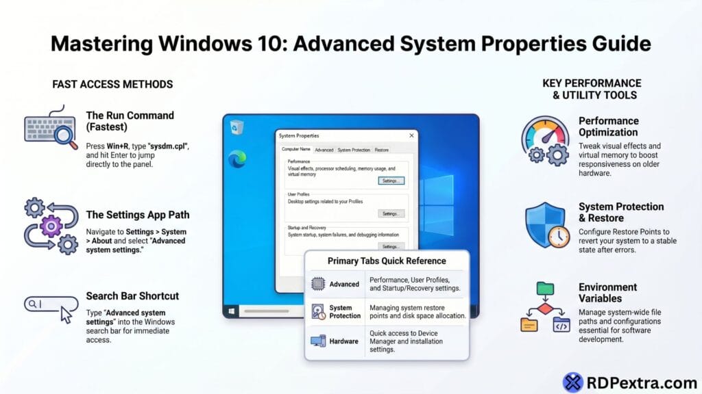 Windows 10 advanced system properties guide showing performance optimization and system settings – RDP Server Protocol setup
