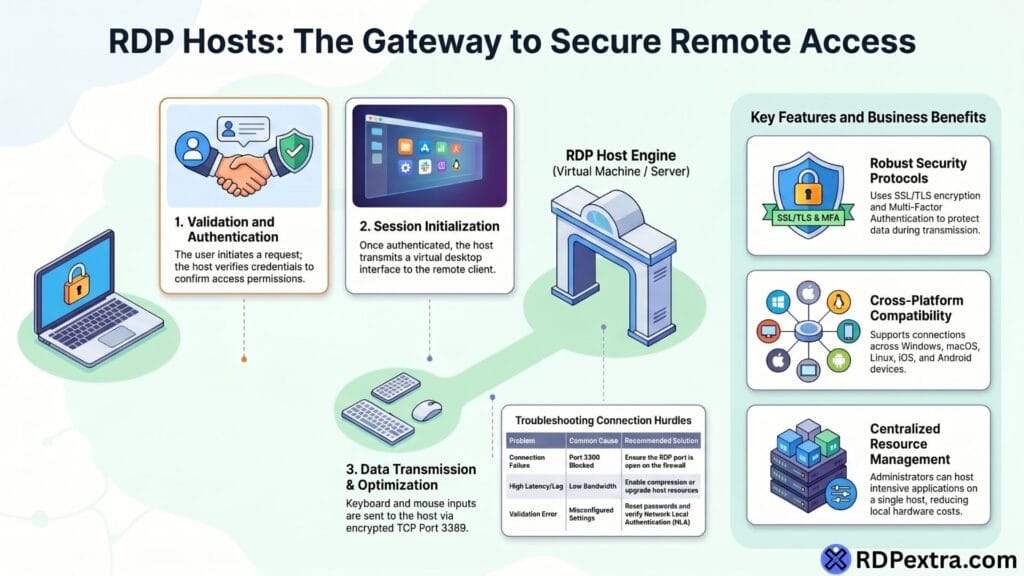 RDP hosts gateway for secure remote access with authentication, session initialization and data transmission – buy feroda linux online