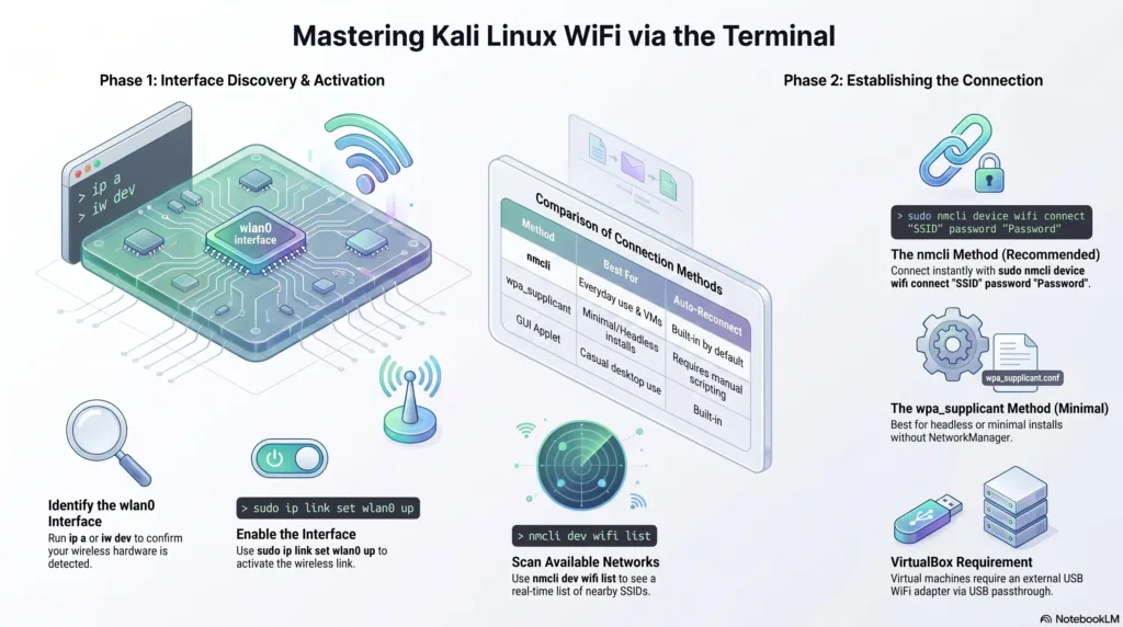 Kali Linux WiFi terminal setup infographic showing wlan0 activation, nmcli commands, wpa_supplicant, and VirtualBox WiFi configuration