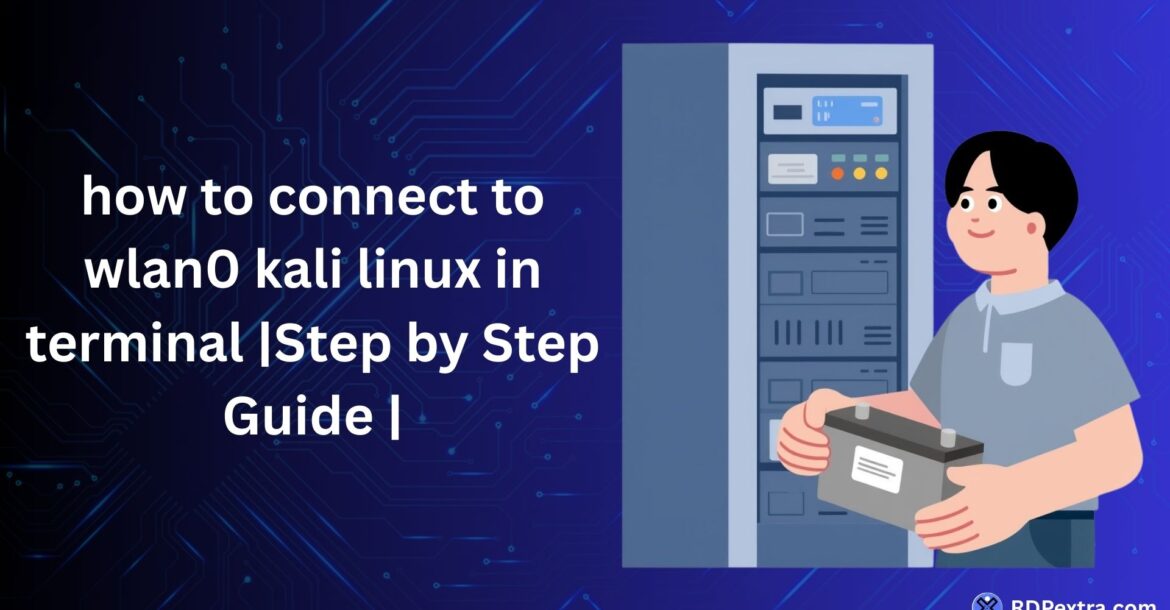 How to connect to wlan0 Kali Linux in terminal step by step guide illustration with server and networking concept.