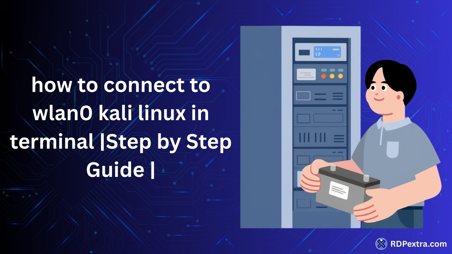 How to connect to wlan0 Kali Linux in terminal step by step guide illustration with server and networking concept.