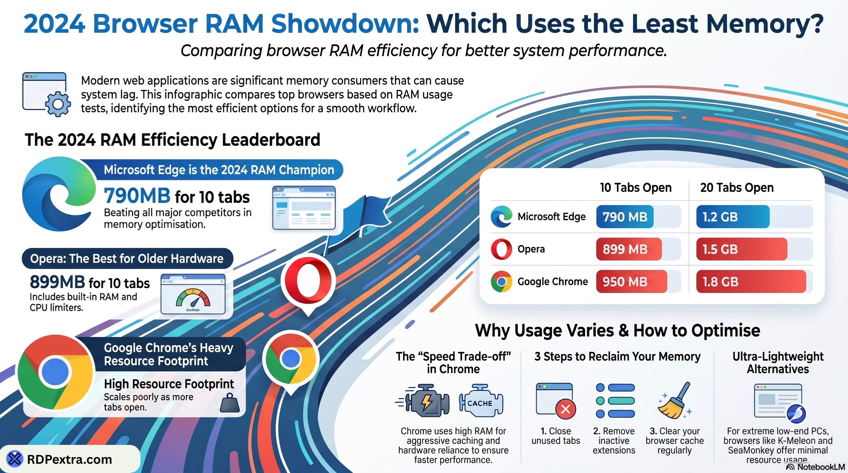 Browser RAM usage comparison showing Microsoft Edge, Chrome, and Opera memory performance with 10 and 20 tabs