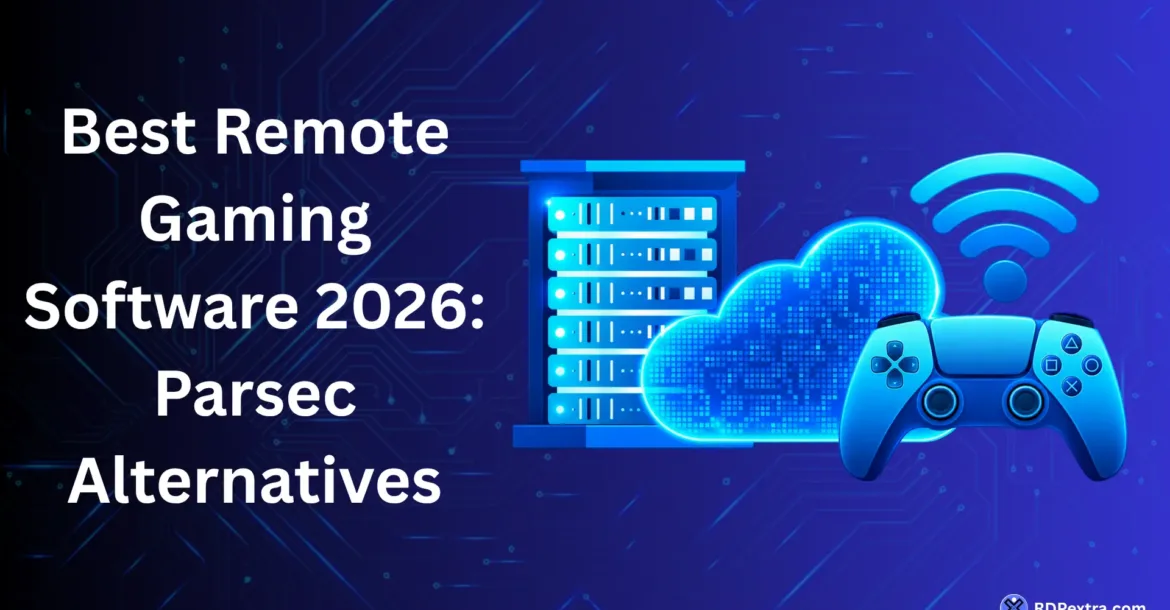 Best remote gaming software in 2026, featuring Parsec alternatives with a cloud server, gaming controller, and Wi-Fi connection illustration.
