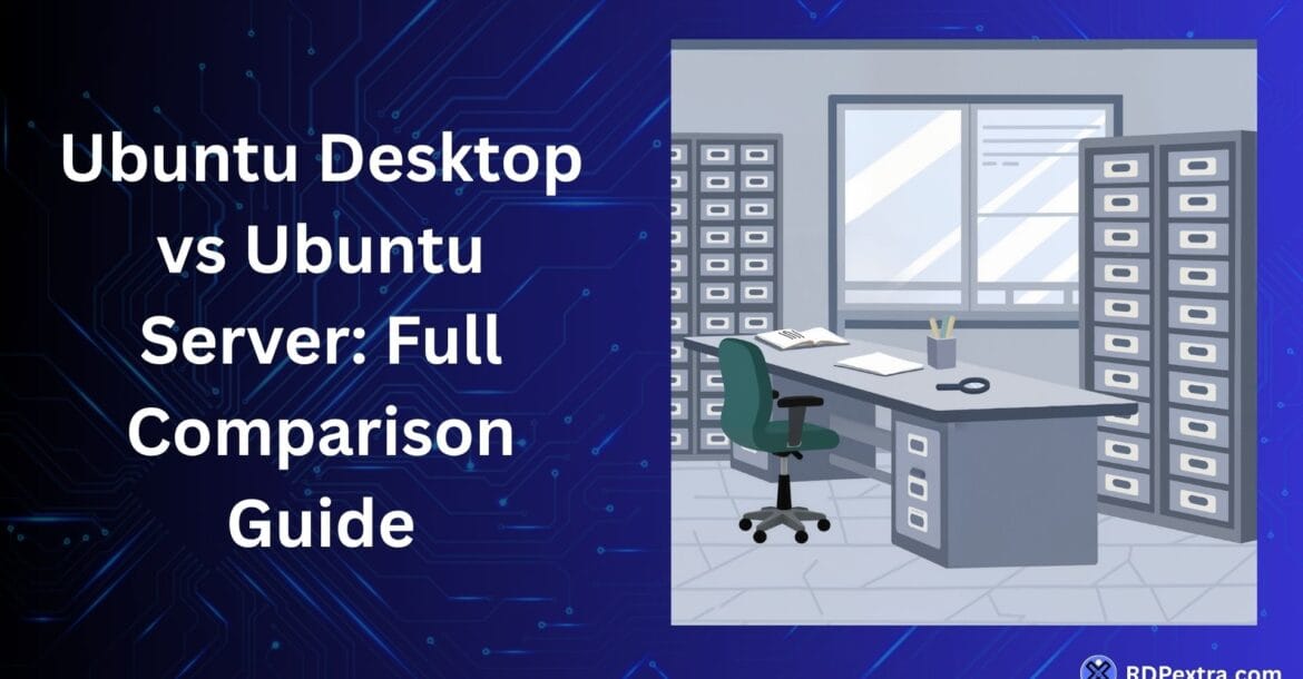 Ubuntu Desktop vs Ubuntu Server full comparison guide with office and server illustration