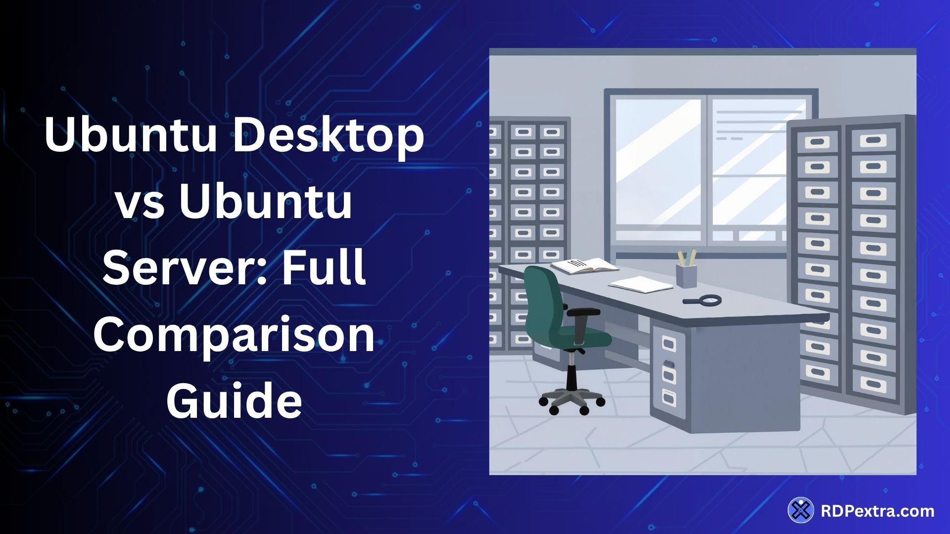 Ubuntu Desktop vs Ubuntu Server full comparison guide with office and server illustration