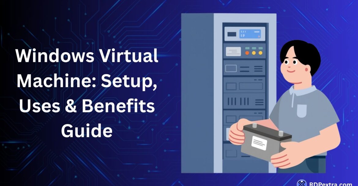 Windows Virtual Machine setup, uses and benefits guide with server and VM illustration
