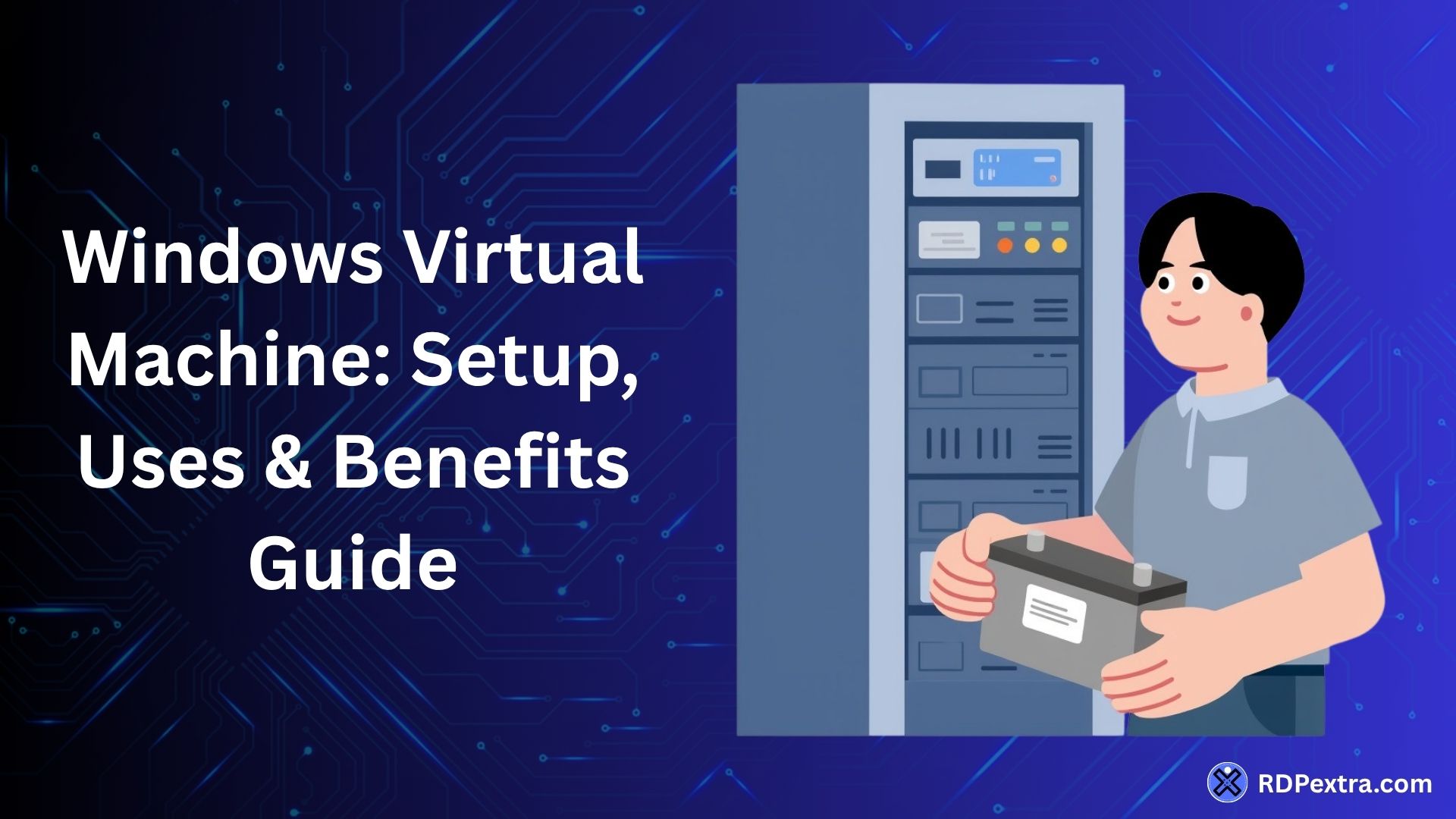 Windows Virtual Machine setup, uses and benefits guide with server and VM illustration