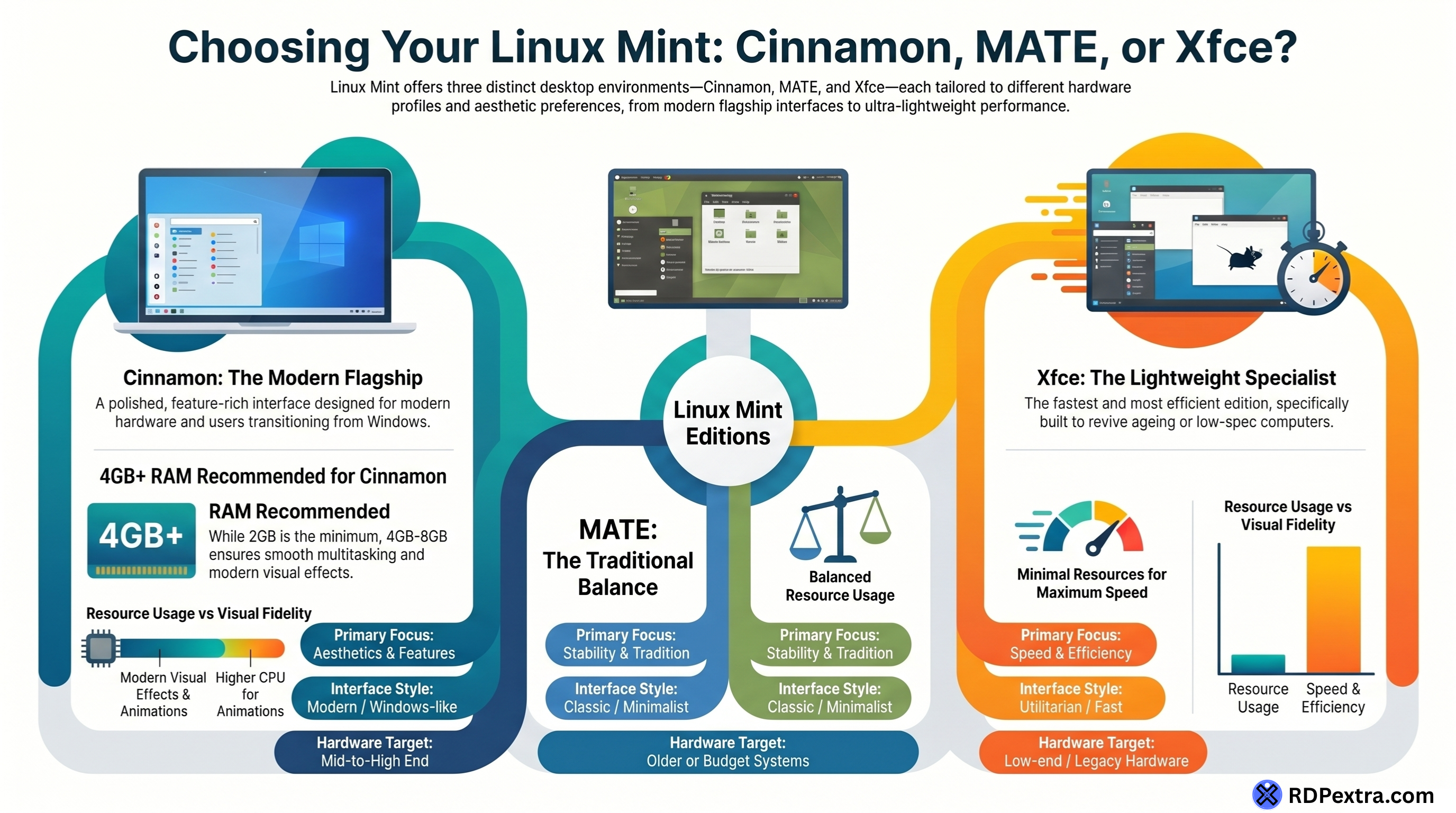 Linux Mint Cinnamon vs MATE vs Xfce comparison infographic showing features, performance, and system requirements