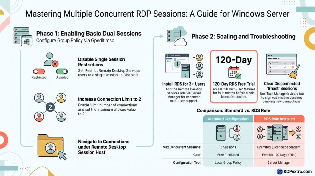 Infographic explaining how to enable multiple concurrent RDP sessions on Windows Server using Group Policy, Remote Desktop Services (RDS), and troubleshooting steps.