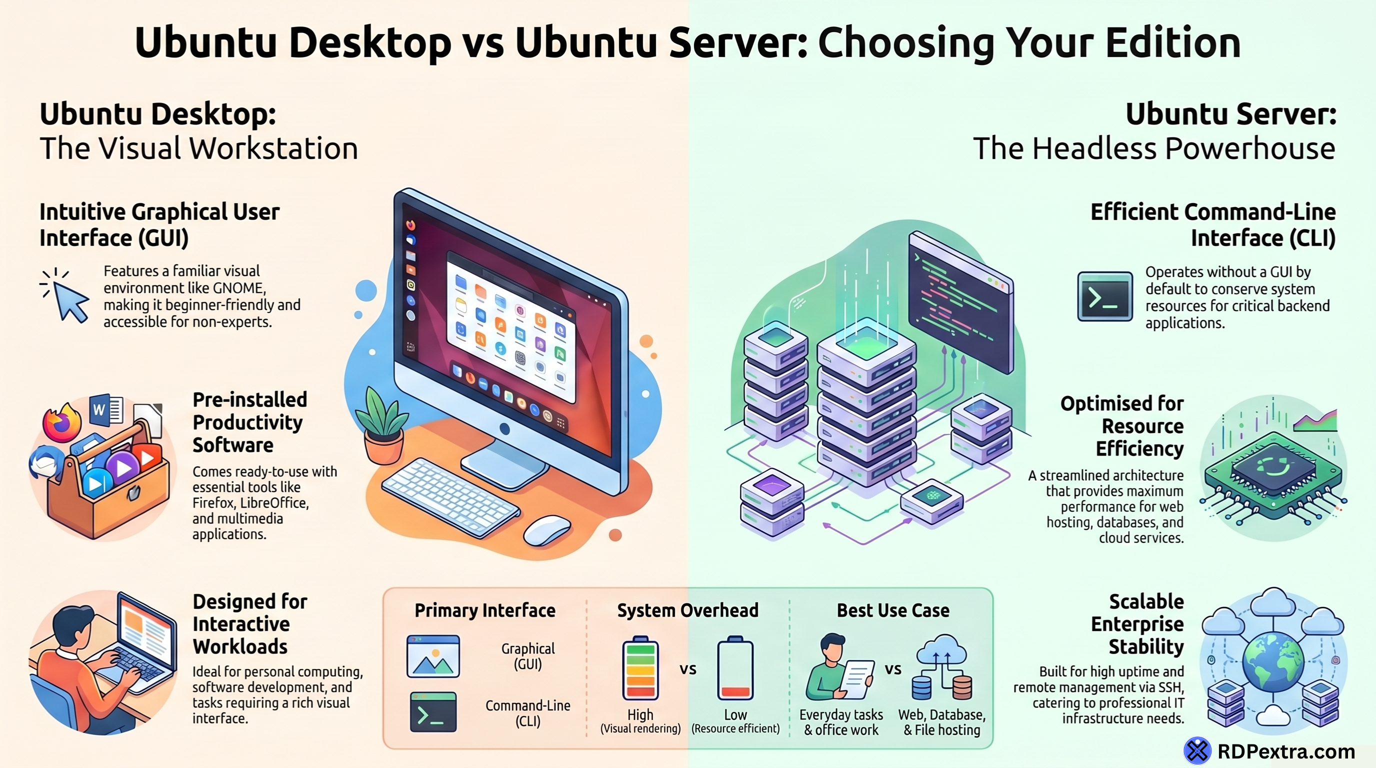 Ubuntu Desktop vs Ubuntu Server comparison infographic showing GUI, CLI, performance, and use cases