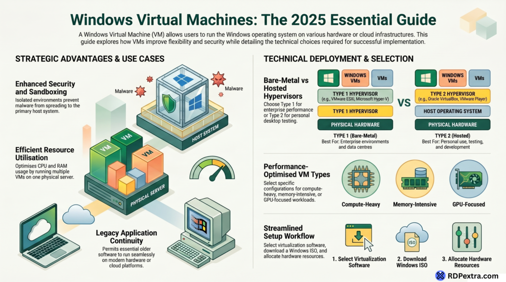 Windows Virtual Machines 2025 guide showing use cases, hypervisors, and VM types