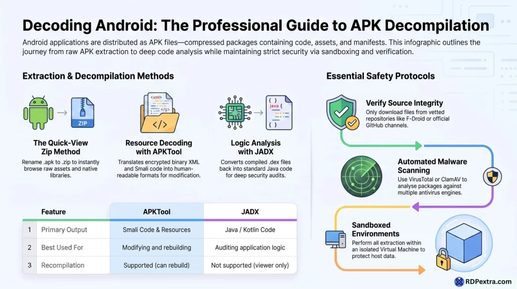 Professional infographic explaining Android APK decompilation using ZIP extraction, APKTool, JADX, and secure analysis methods.