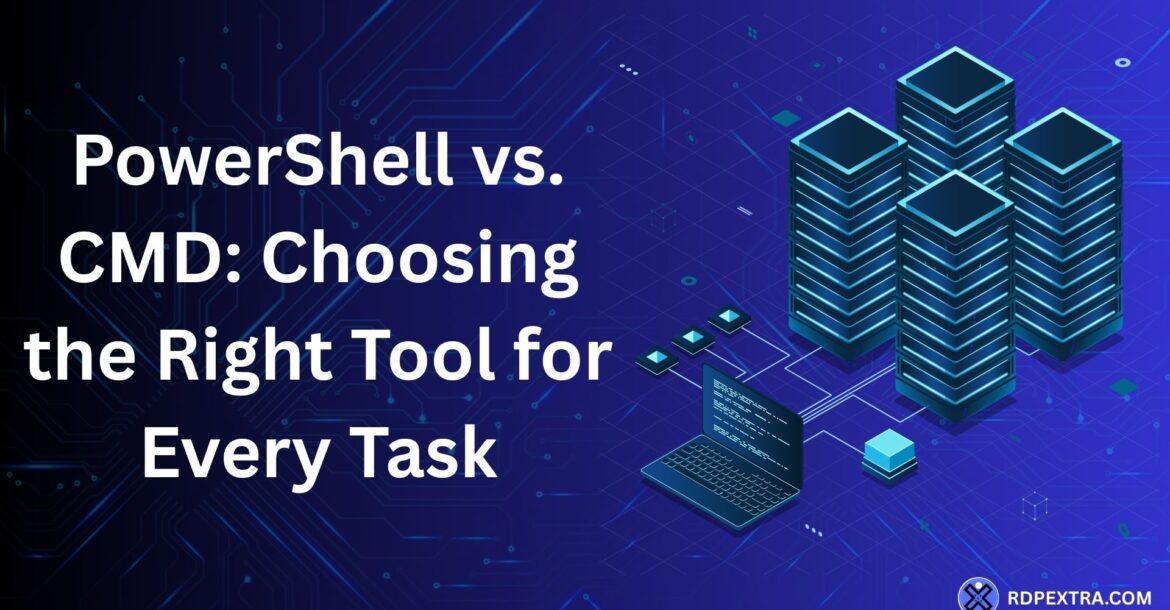PowerShell vs CMD comparison showing servers and a laptop connected in a network environment