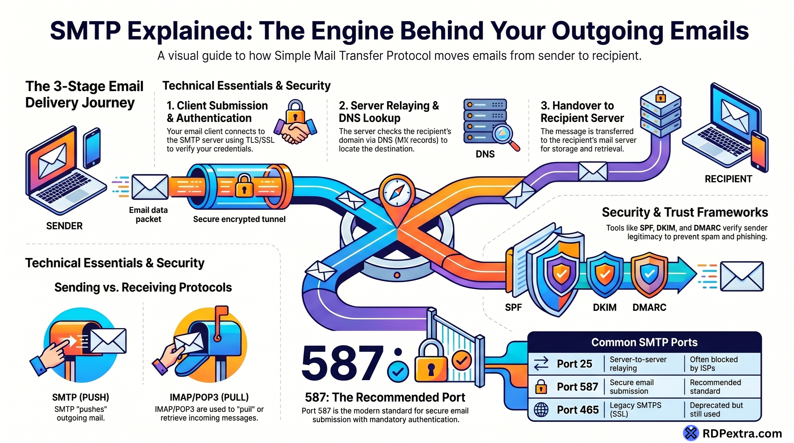 SMTP explained infographic showing email delivery process, ports, security protocols, and how SMTP works step by step